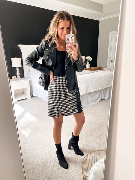 Fall date night outfit idea! 🖤

Leather jacket outfit, mini skirt outfit, houndstooth, booties, bodysuit outfit, old navy

#LTKfindsunder50 #LTKsalealert #LTKstyletip