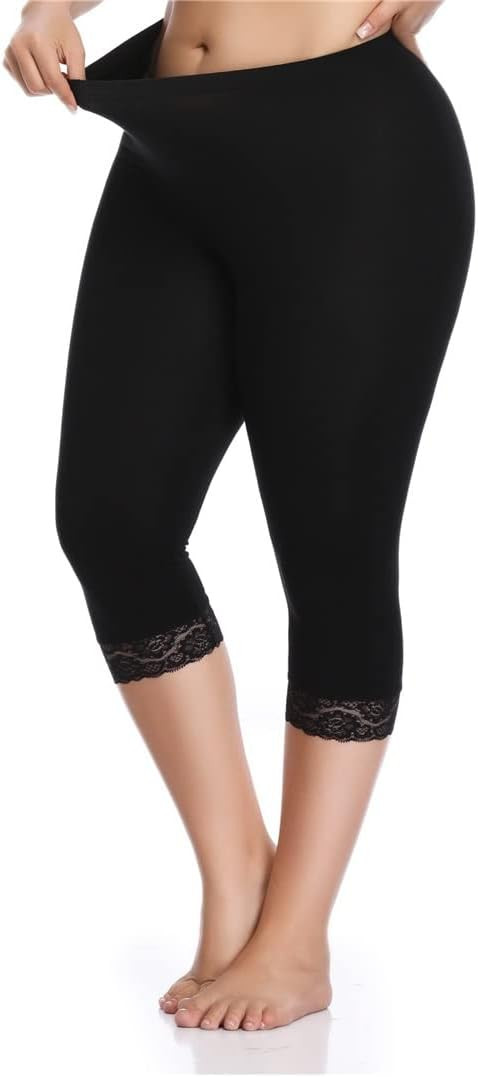 Kotii Women's Plus Size Lace Trim Capri Leggings Stretch Crop Leggings Summer Tights Pants | Amazon (US)