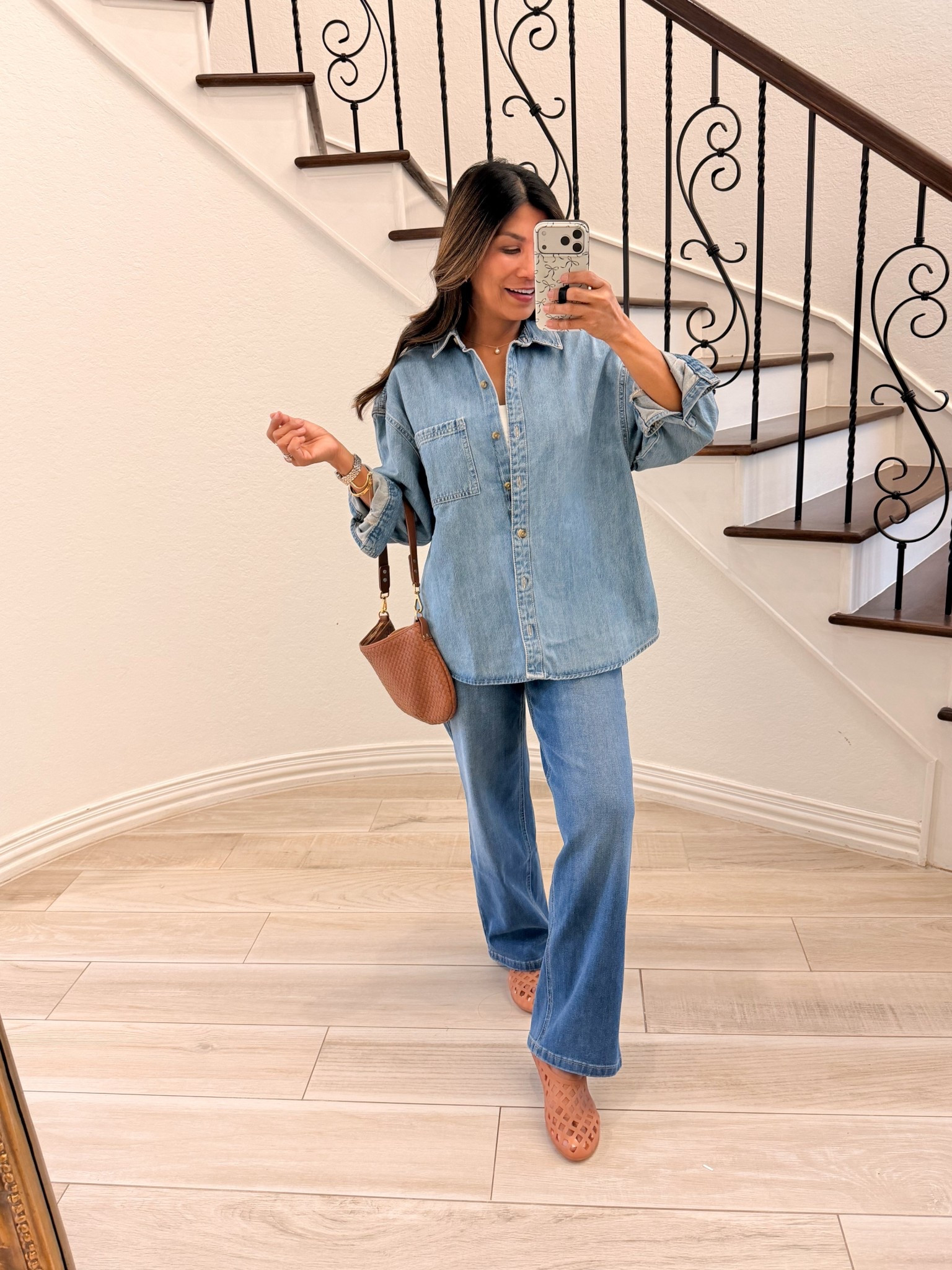 I’m 5’2” 118#ish for reference 
Denim jacket in small petite (oversized fit)
Jeans in XS petite(length options) -has the waist cinching buttons- wash is Blue(looks darker on Amazon photo but lighter in person).
White tank in small.
Jelly shoes fit tts(while sizes only- if you are half size size down).
Bag is the Caramel color in size small.
Spring outfit, over 50 women, petite style 

#LTKPetite #LTKOver40 #LTKSaleAlert