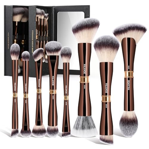 MAANGE Makeup Brush Set with Mirror Double-ended Kabuki Makeup Brushes For Foundation Contour Liquid Powder Concealer Eye Shadows Cream Cosmetics Blending Blush Makeup Tools (Coffee Brown, 8 PCS) | Amazon (US)