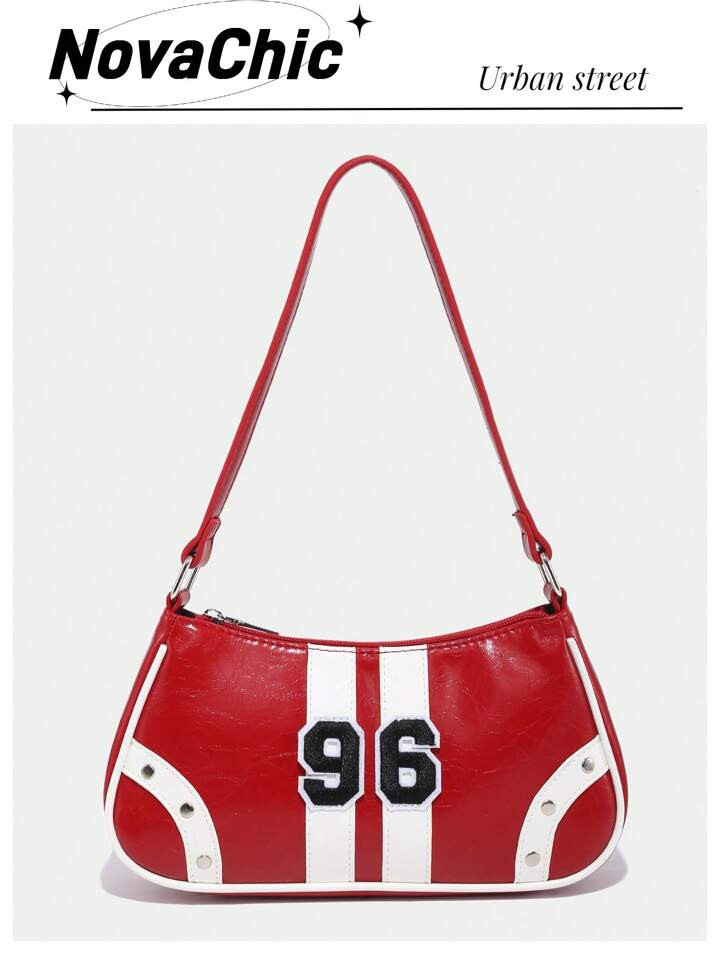 1pc Retro College Style Bicolor Patent Leather Shoulder Bag With Numeric Decor, Versatile For Wom... | SHEIN