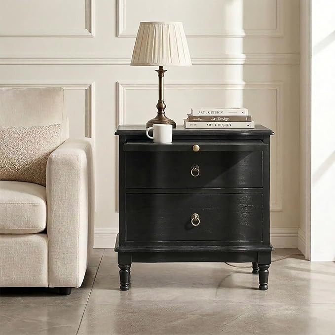 Solid Wood Storage End Table with Hidden Pull-Out Shelf, Transitional 2 Drawer Side Table with Ch... | Amazon (US)