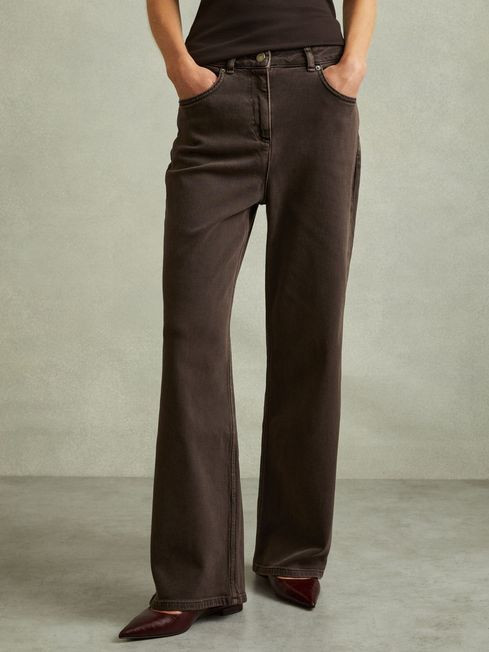 Relaxed Garment Dyed Wide Leg Jeans in Chocolate | Reiss UK