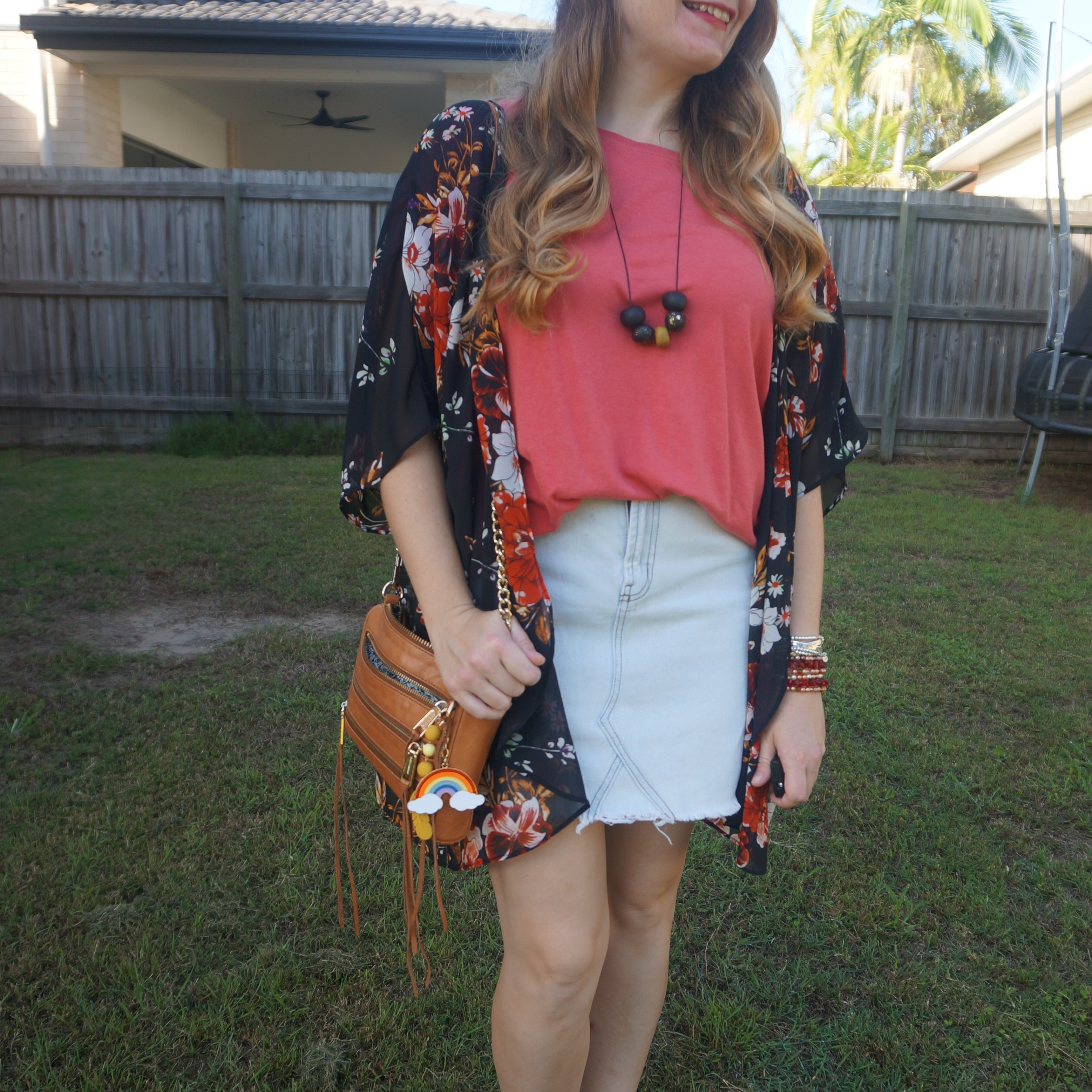 Red tee, denim skirt and floral cover up with Rebecca Minkoff mini 5-zip bag ❤️

#LTKbag #LTKaustralia #LTKautumn