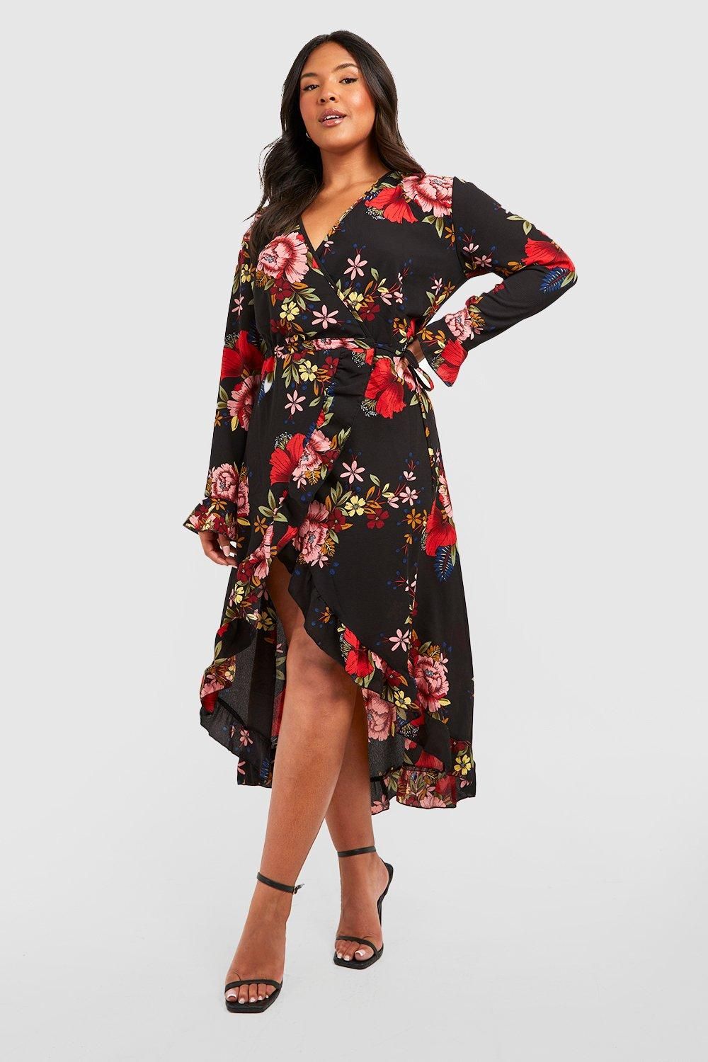 Plus Wrap Floral Midi Dress | Boohoo.com (US & CA)