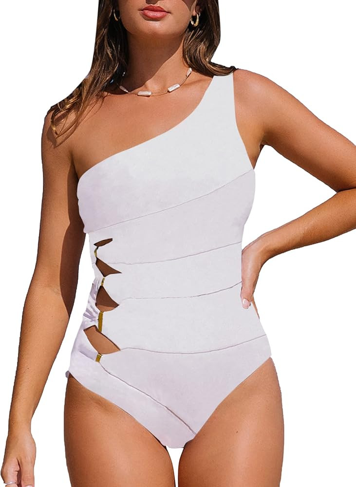 Hilinker Women's One Shoulder One Piece Swimsuit Waist Cut Out Bathing Suits | Amazon (US)