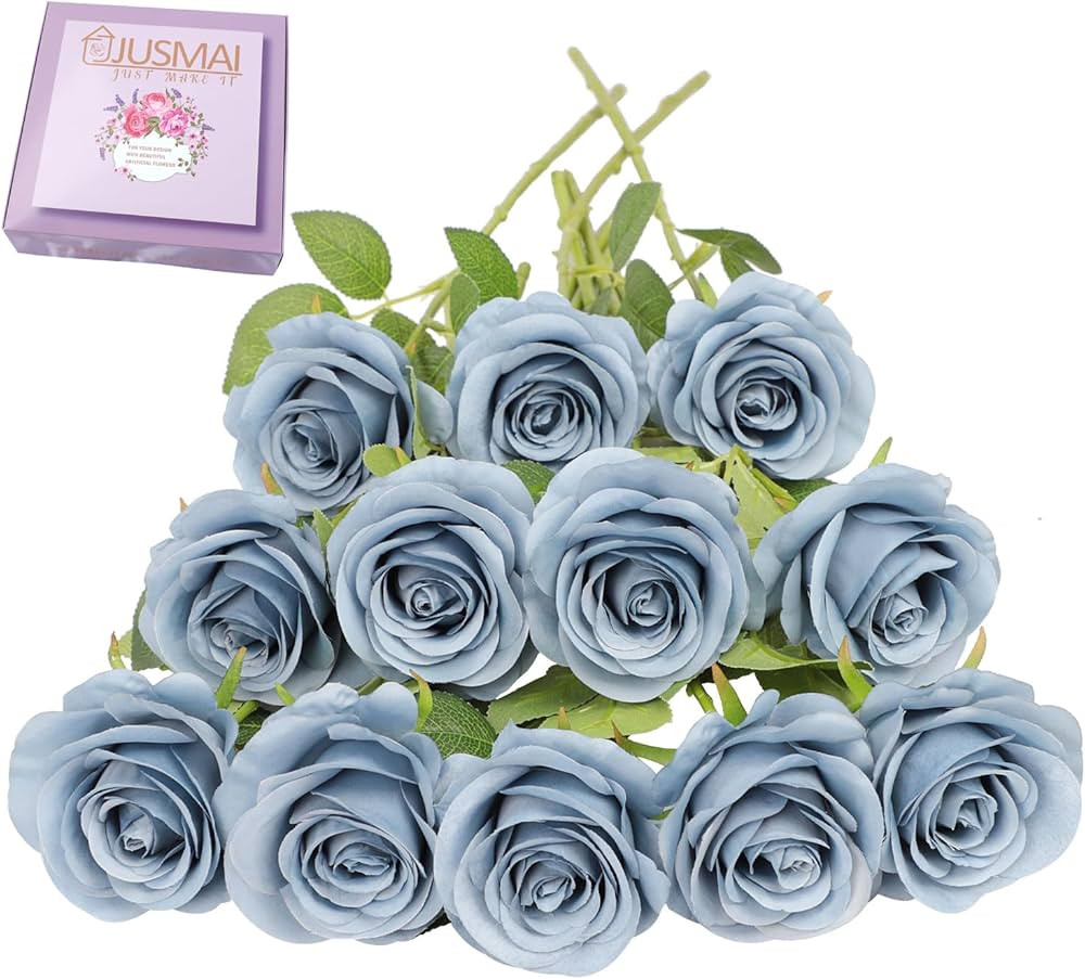 12pcs Roses Artificial Flowers Dusty Blue Silk Roses with Long Stems Fake Flowers for Wedding Bou... | Amazon (US)