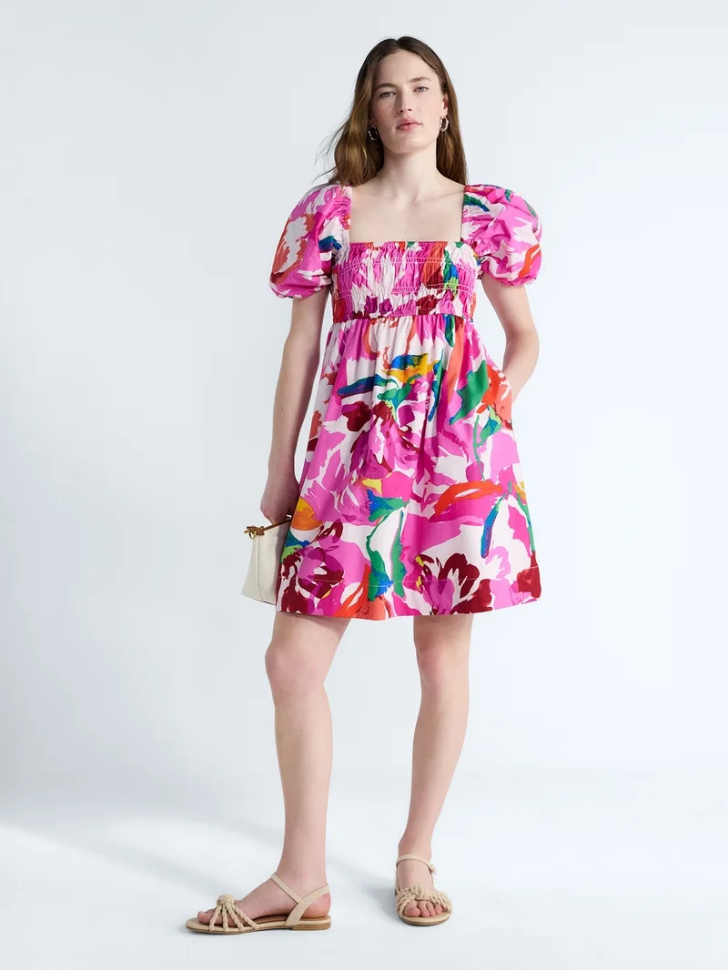 Free Assembly Women's and Women's Plus Smocked Cotton Peasant Mini Dress with Puff Sleeves, Sizes... | Walmart (US)