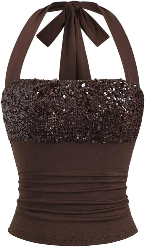 Verdusa Women's Sequin Sparkly Crop Tops Tie Backless Halter Top Rave Outfits | Amazon (US)