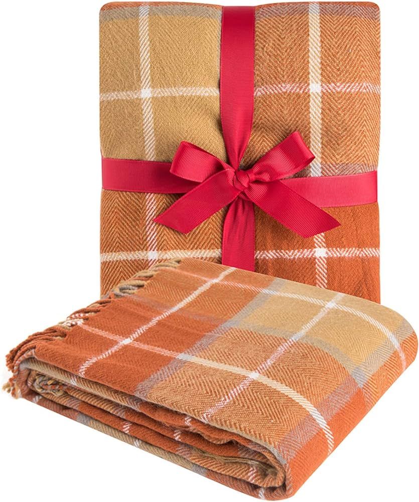 G Lake Orange Plaid Blanket Throw Acrylic Soft Reversible Dyed Fringed Bed Blanket Gift for Chris... | Amazon (US)