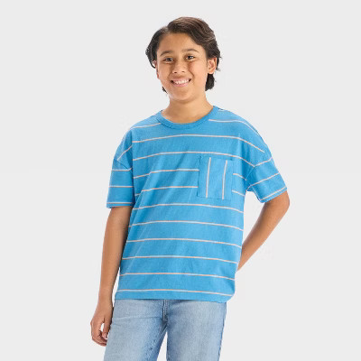 Boys' Short Sleeve Relaxed Fit Striped T-Shirt - Cat & Jack™ Bright Blue/Peach XXL: Crew Neck | Target