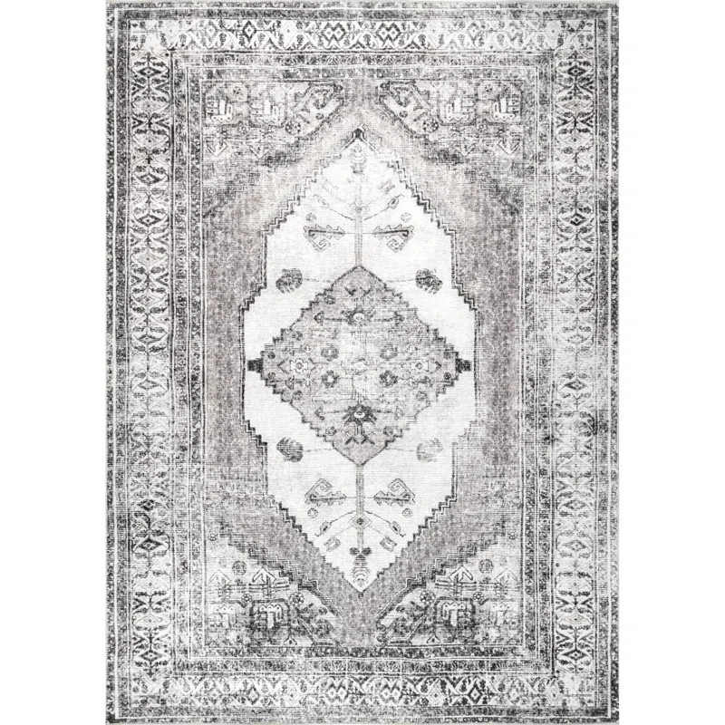 Teo Machine Washable Oriental Medallion Area Rug in Light Gray | Wayfair North America