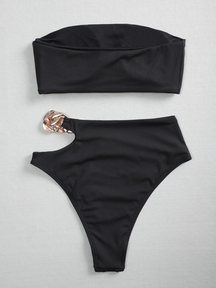 Rib Chain Linked Bandeau High Waisted Bikini Swimsuit | SHEIN