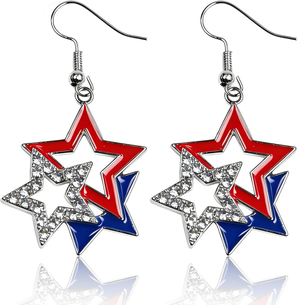 4th of July Earrings for Women, Independence Day Patriotic Red White and Blue USA Star Flag Dangl... | Amazon (US)