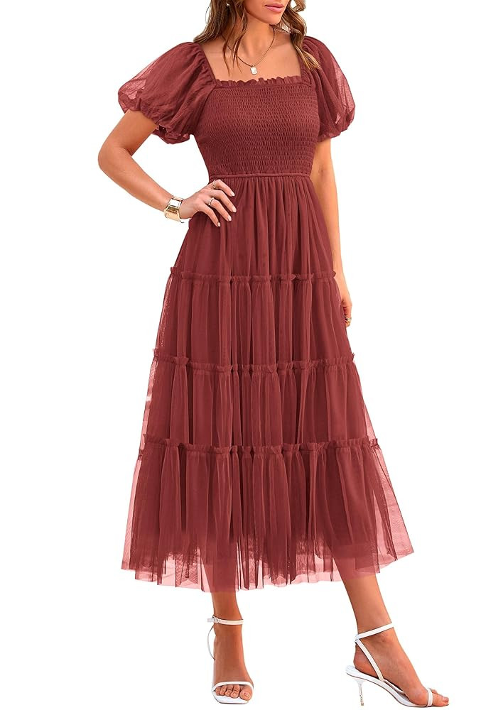 PRETTYGARDEN Women's Smocked Tulle Midi Dress 2025 Summer Square Neck Puffy Short Sleeve Ruffle W... | Amazon (US)