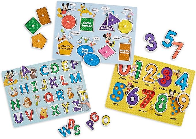 Melissa & Doug Disney Wooden Peg Puzzles Set: Letters, Numbers, and Shapes and Colors - Letters A... | Amazon (US)
