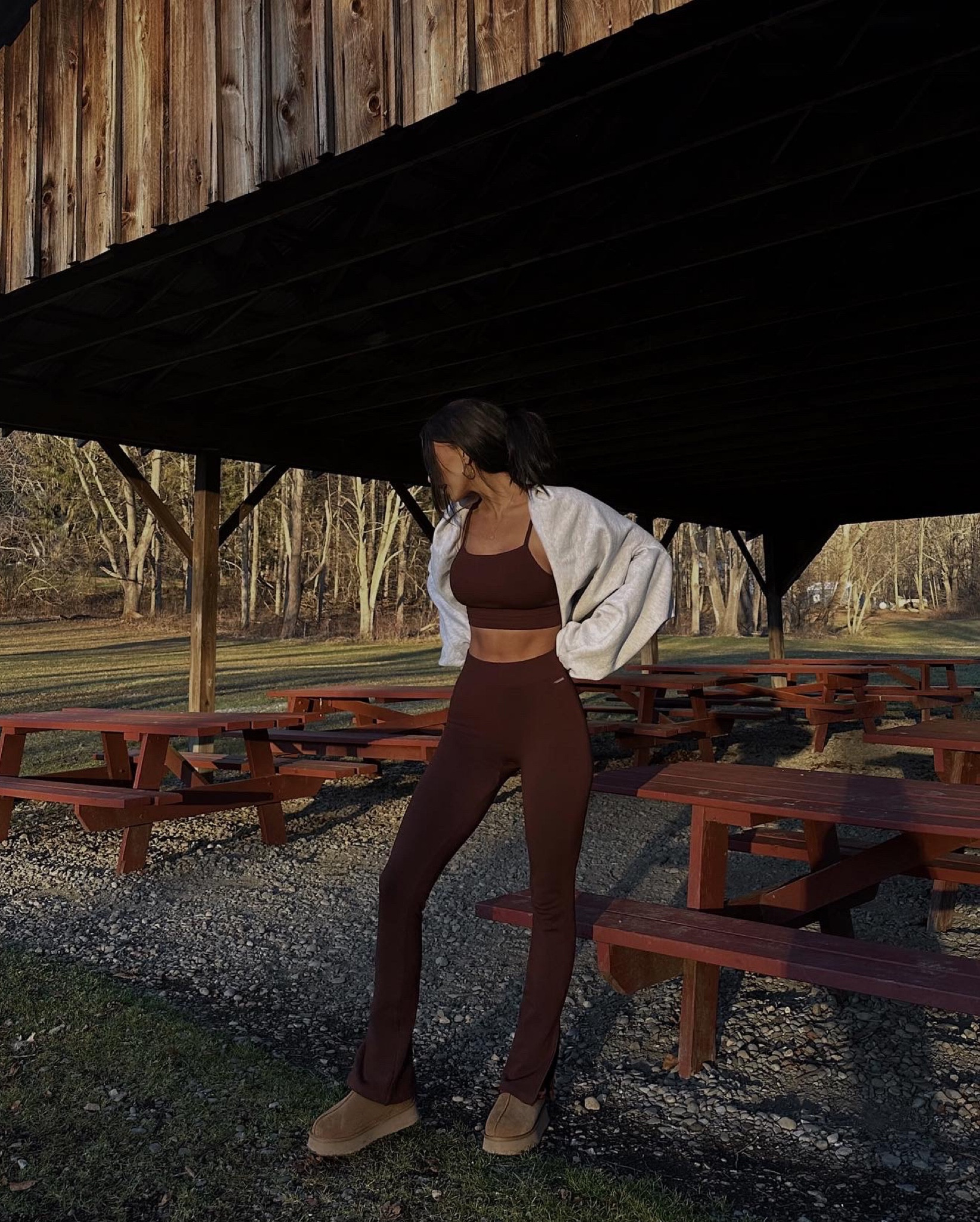 activewear, athleisure, matching set, brown, flared, leggings, sports bra, crop top, uggs, ugg tasman, winter outfit, spring outfit 

#LTKFind #LTKfit #LTKSale