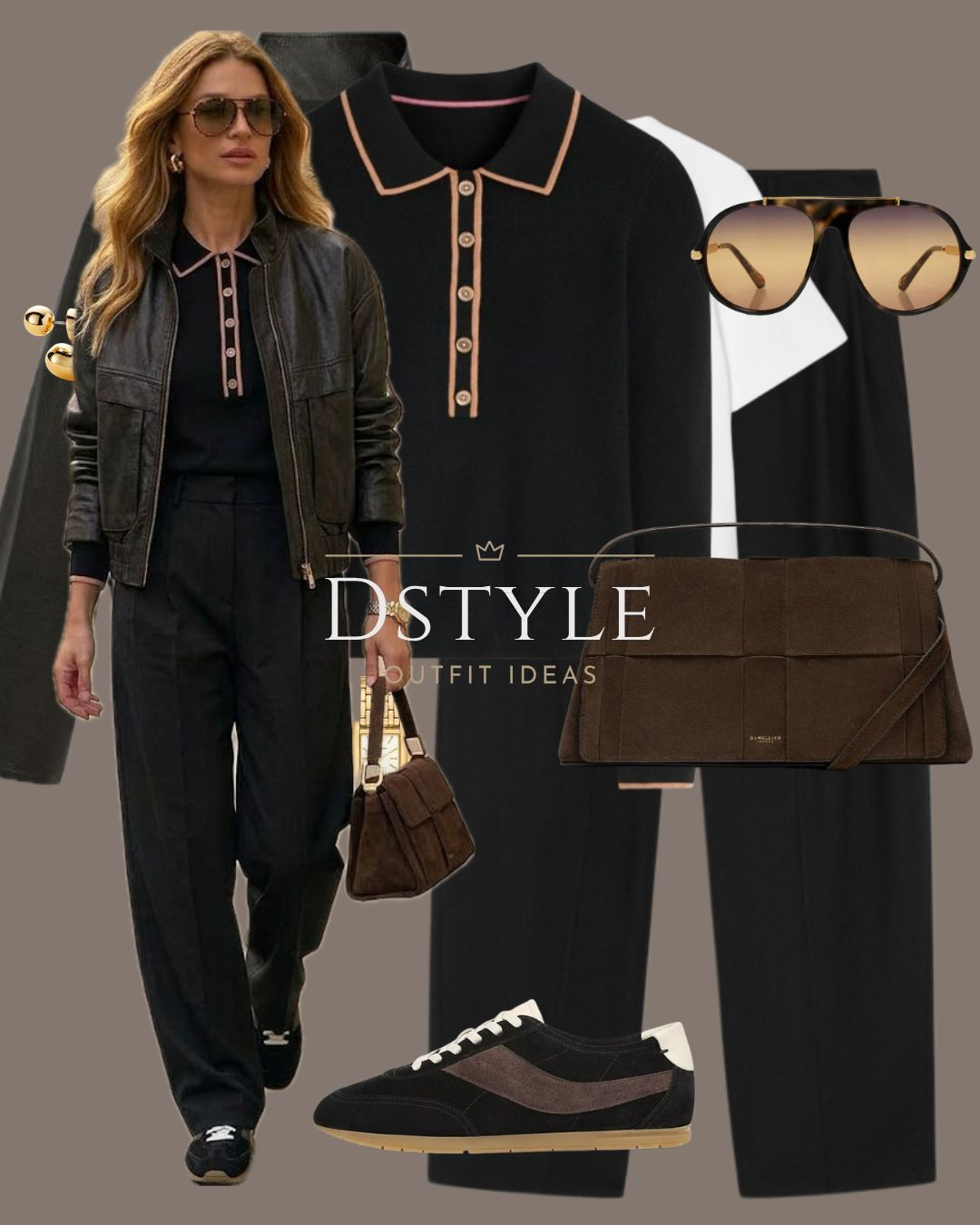 Edgy yet refined monochrome street style. Layer a cropped dark leather jacket over a tipped knit polo sweater, tailored black trousers, retro black sneakers, and aviator sunglasses. 

 #LTKootd