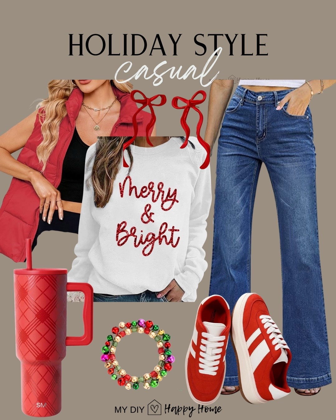 Casual Holiday outfit 

Merry & Bright sweatshirtt
Jeans
Red sneakers 
Red puffer vest
Bow earrings 
Red plaid tumbler 
Christmas bracelet 

#LTKMidsize #LTKHoliday #LTKSeasonal