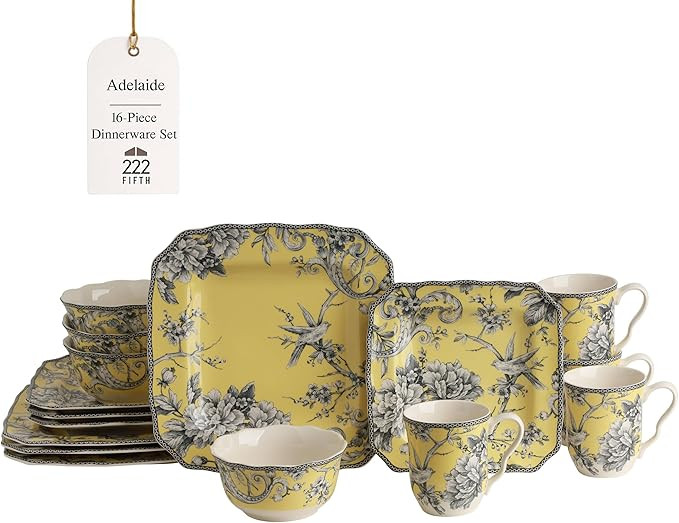 222 Fifth Adelaide 16-Piece Square Floral Dinnerware Set – Service for 4,Yellow Porcelain Plate... | Amazon (US)