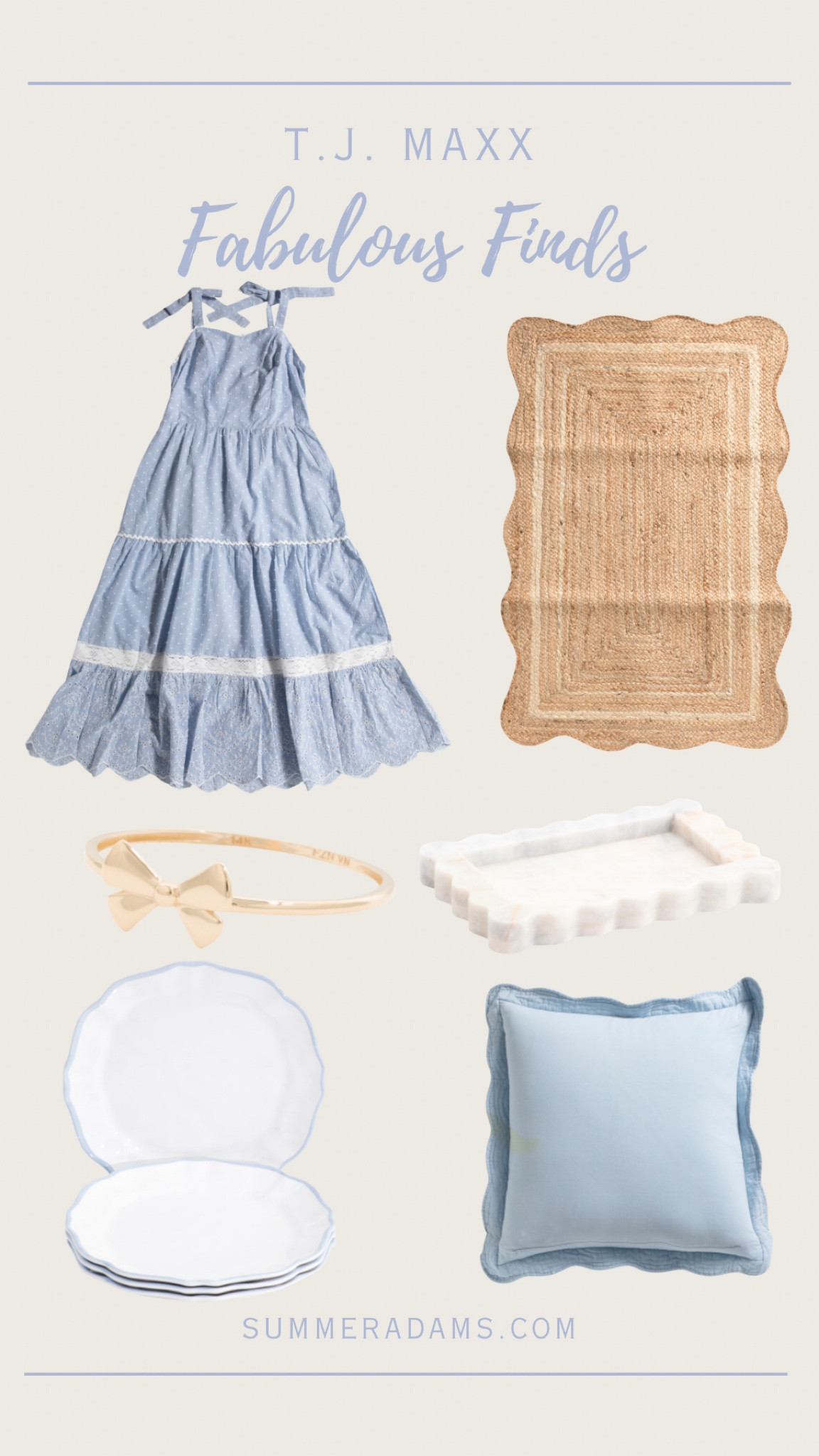 Fabulous finds at TJ Maxx!

Women’s blue sundress 
Scalloped rug 
Gold bow ring 
Scalloped marble tray 
White dinner plates with blue trim

#LTKstyletip #LTKhome #LTKfindsunder50