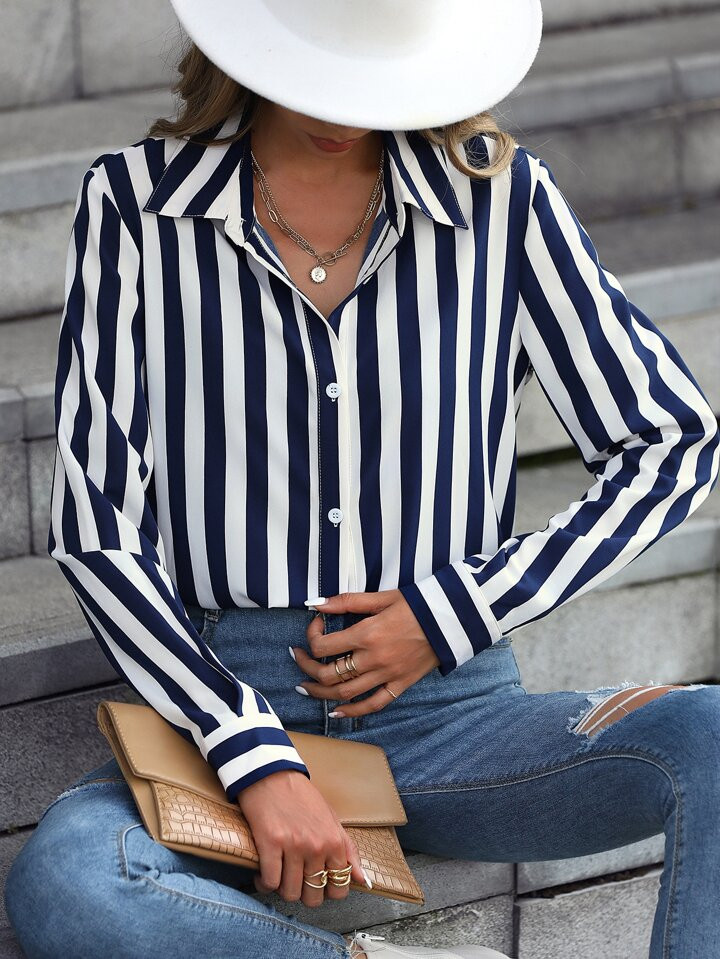 SHEIN Clasi Vertical Striped Print Button Up Shirt | SHEIN