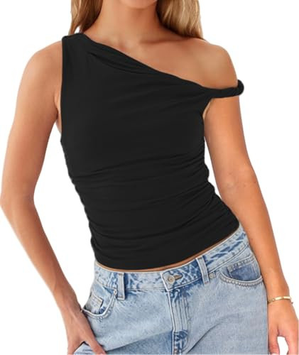 Off One shoulder twist y2k ruched Asymmetrical crop tank top women summer 2024 sleeveless double lined sexy fairy trendy party date night cute going out backless fitted rave club outfit tshirt S black | Amazon (US)