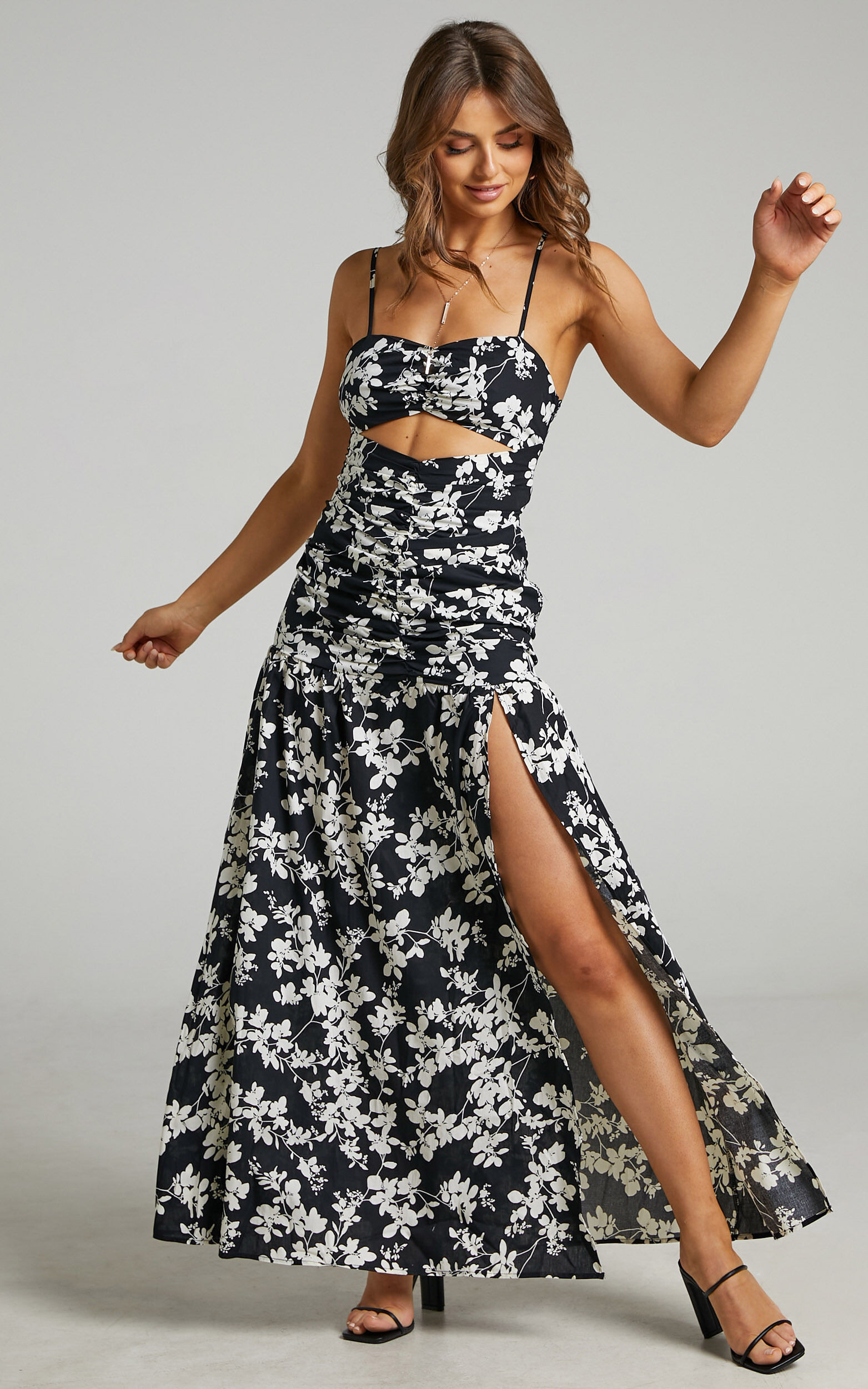 Mikaela Ruched Front Underbust Cut Out Maxi Dress in Black Floral | Showpo | Showpo - deactived