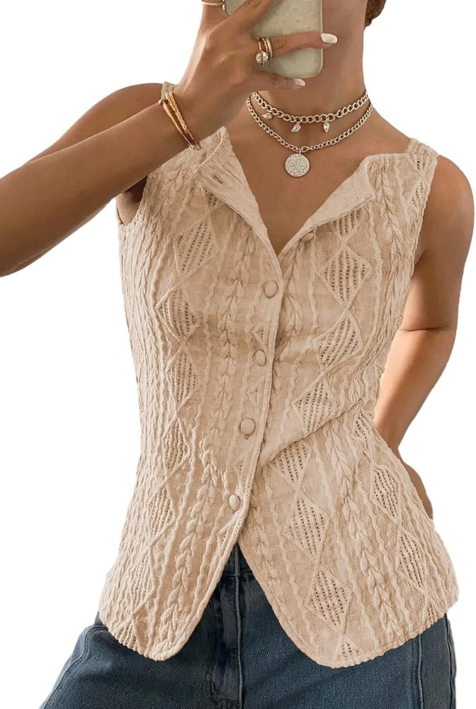 BLENCOT Women's Vest Top Slim Fitted Button Down Knit Vests Stretchy Textured Jacquard Going Out ... | Amazon (US)