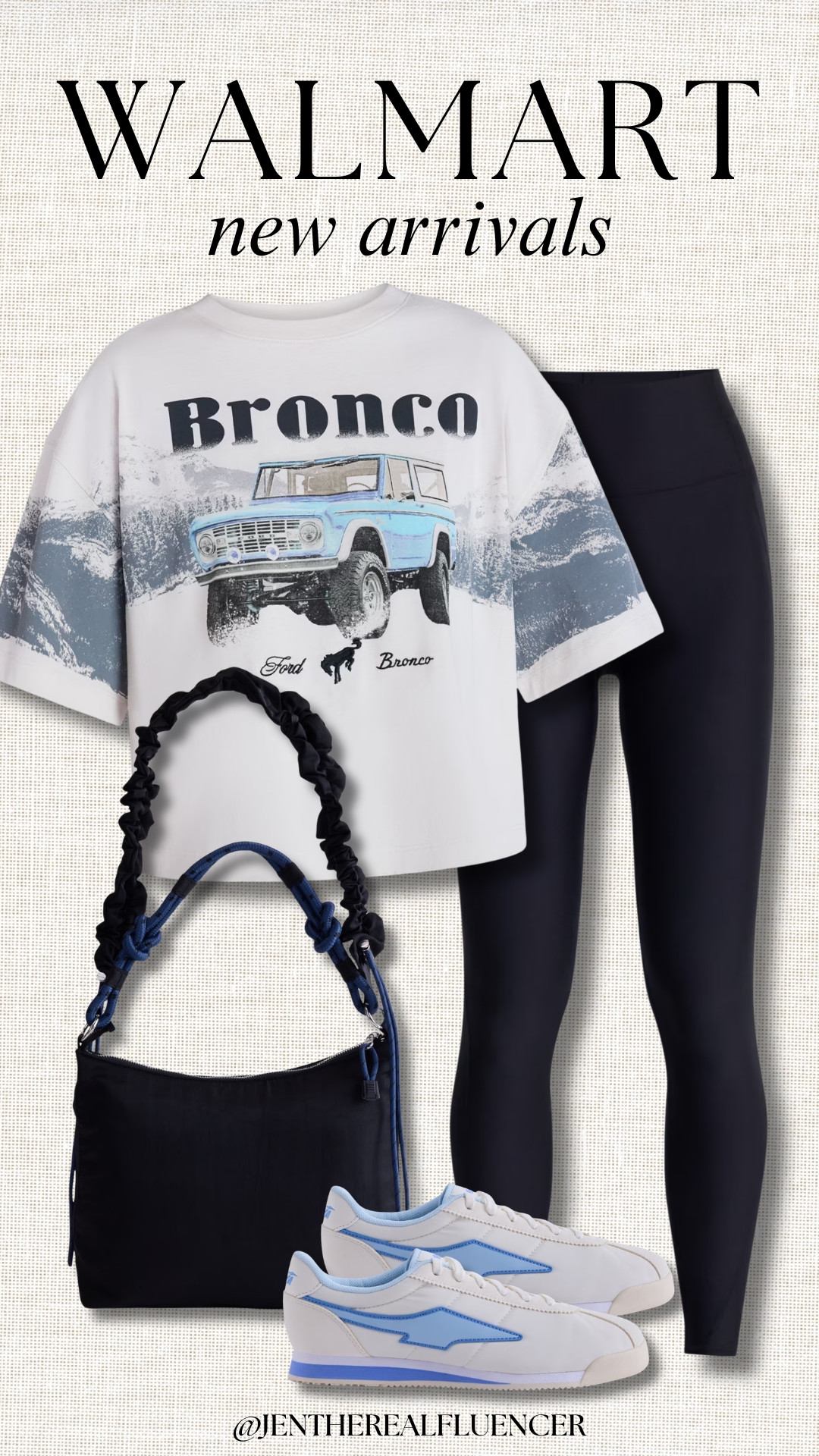 Walmart New Arrivals

White Bronco T-Shirt, Black Leggings, Navy & Black Bag, White & Blue Sneakers 

 #LTKSeasonal #LTKActive #LTKTravel
