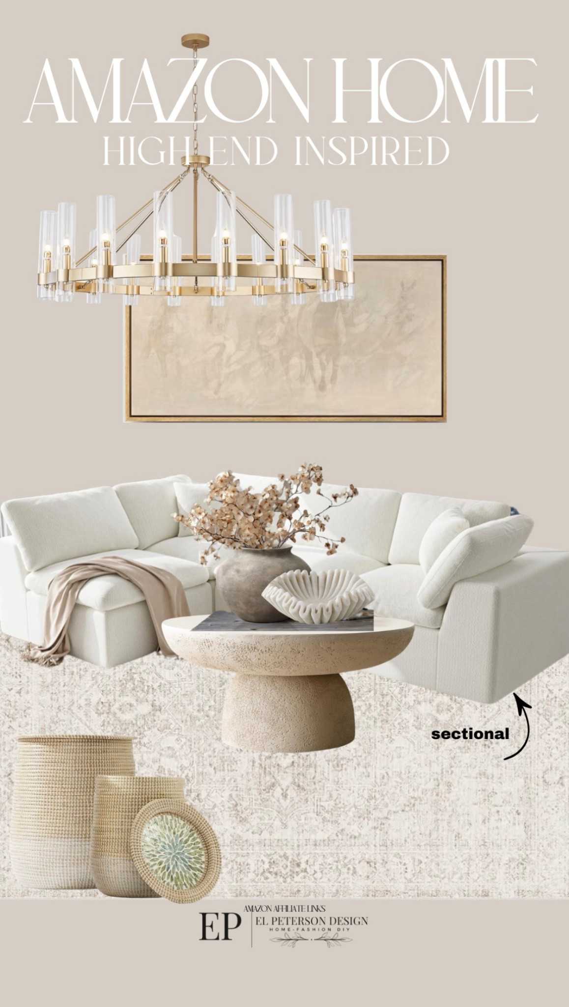 Amazon
Artwork
Chandelier 
Coffee Table
Sectional
Basket
Area rug
Vase
Fluted bowl 

#LTKHome