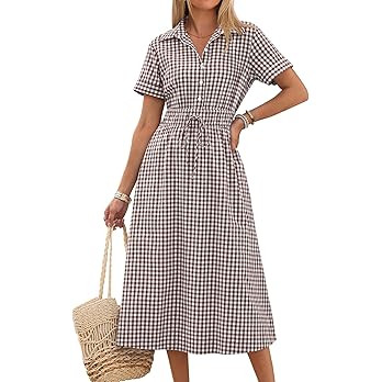 Womens Summer Midi Dress Short Sleeve Striped Plaid Button Collar Shirt Dresses 2026 Casual Beach... | Amazon (US)