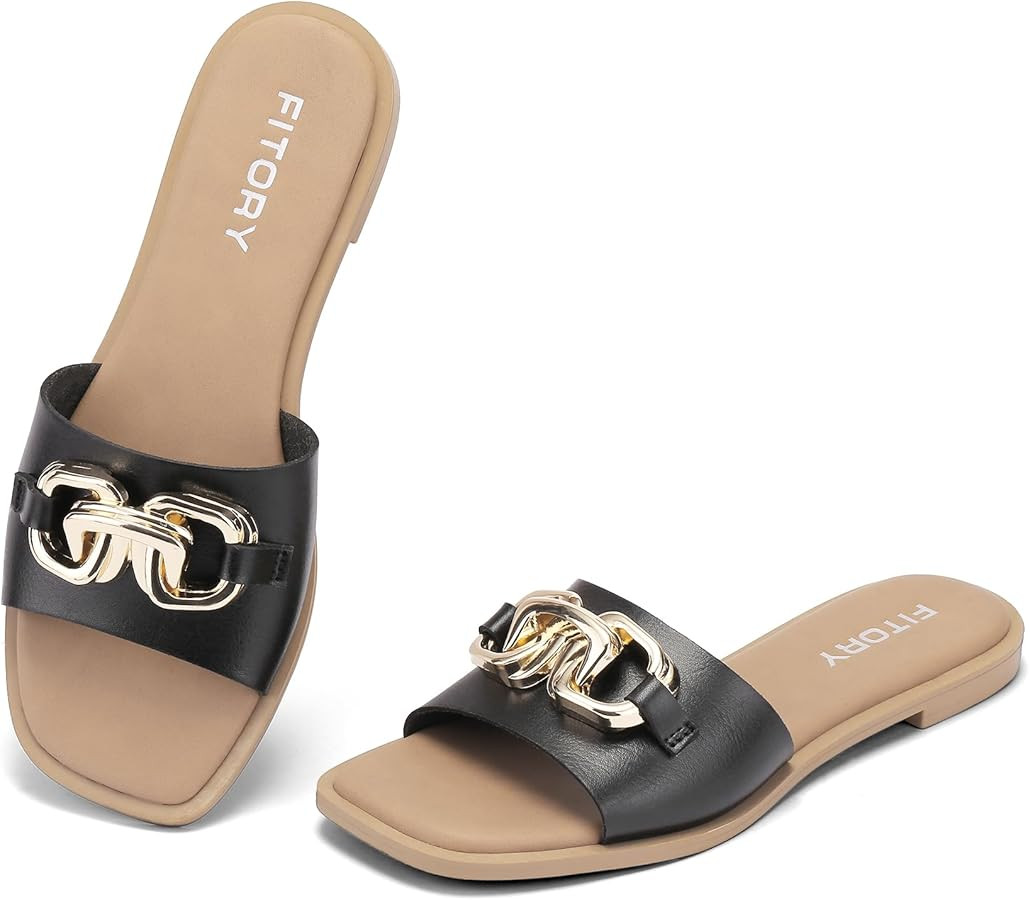 FITORY Women's Flat Sandals Fashion Slides With Soft Leather Slippers for Summer Size 6-11 | Amazon (US)