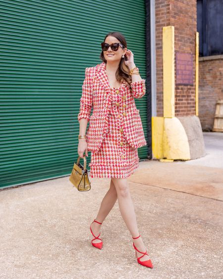 The perfect tweed dress and tweed blazer to wear to work or for special occasions. The red statement shoe and gold bag give an added dose of glamour and bold color.

#LTKworkwear #LTKSeasonal #LTKitbag