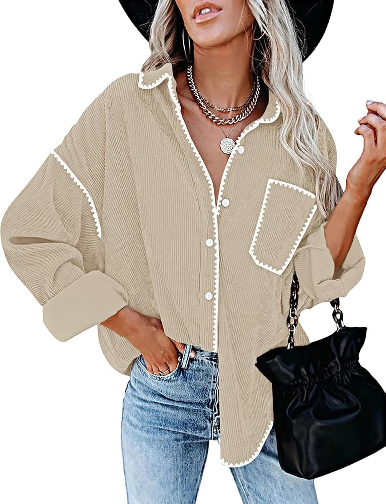 ZESICA Womens 2024 Fall Corduroy Shacket Jacket Long Sleeve Button Down Shirt Oversized Blouses T... | Amazon (US)