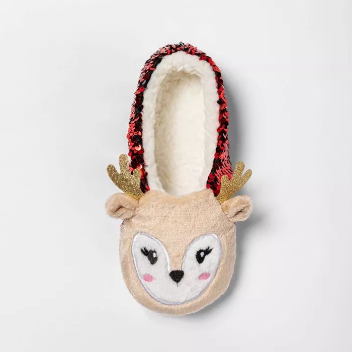 Women's Reindeer Flip Sequins Pull On Slipper Socks - Wondershop™ Red/Green | Target