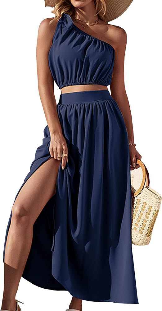 AOVDE Women's Two Piece Outfits Summer Dresses Boho One Shoulder Tube Tops Elastic Waist A Line Maxi | Amazon (US)