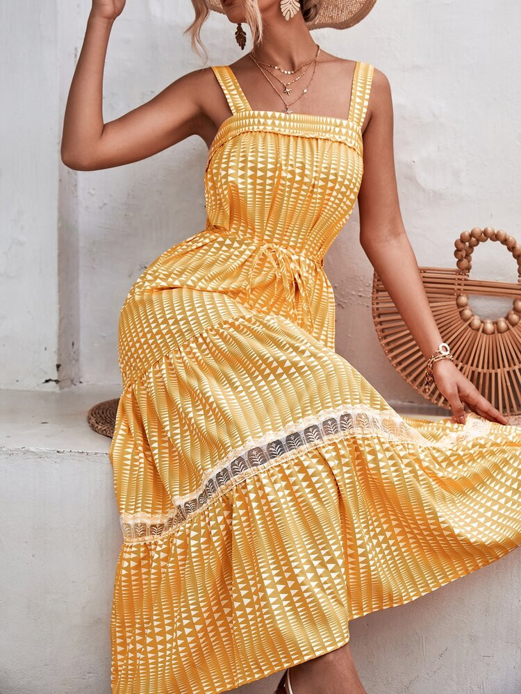 New
     
      Geo Print Lace Detail Ruffle Hem Belted Cami Dress | SHEIN