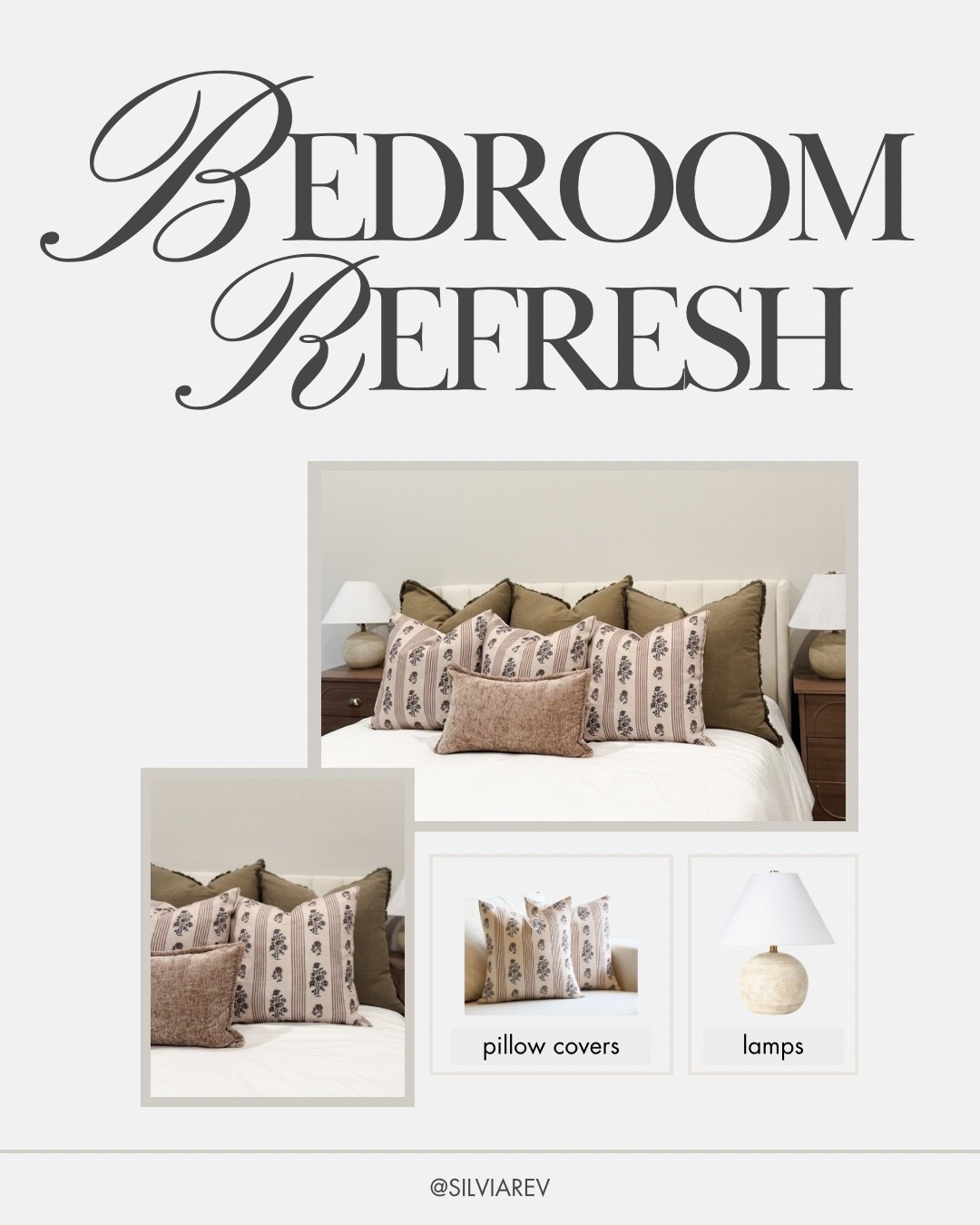 Time for a bedroom refresh! I was needing some more warmth and color in our bedroom, and there’s no easier way to do it than by swapping some pillow covers and cozy lamps. Super affordable finds across the board and mostly everything is from either Target or Amazon! 

#bedroom #bedroomrefresh #masterbedroom #bedding #pillows #pillowcovers #homedecor #bedroomdecor #homestyling #roomstyling #lamps #accentpillows #bedroomrefresh #neutralbedroom #cozybedroom #modernbedroom #bedroomstyling #bedroommakeover #bedroomdesign #homeinspo #neutralhome #neutraldecor #cozyhome #simplehome #modernhome #throwpillows #beddinginspo #bedroomdetails #bedsidestyling #affordablehomedecor 

#LTKFindsUnder100 #LTKHome