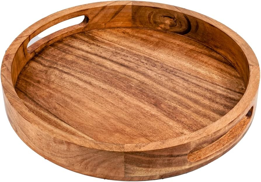 Samhita Round Serving Acacia Wooden Tray with Handles for Serving Beverages & Food on Bar Living ... | Amazon (US)
