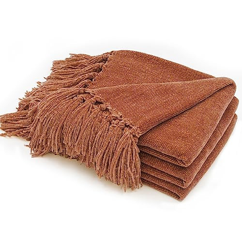 RECYCO Throw Blanket Soft Cozy Chenille Throw Blanket with Fringe Tassel for Couch Sofa Chair Bed Living Room Gift (Rust, 50" x 60") | Amazon (US)