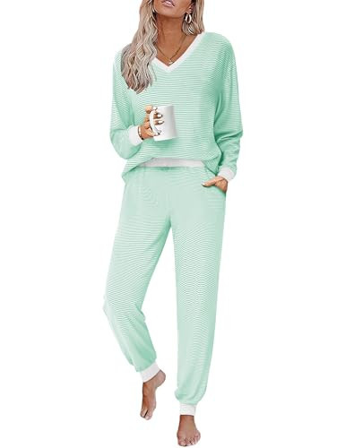JUSTFASHIONNOW Two Piece Lounge Sets Long Sleeve Green Soft Pajamas for Women Warm Postpartum Pjs Matching Fall Outfits 2025 Travel Clothing(Green,Small | Amazon (US)