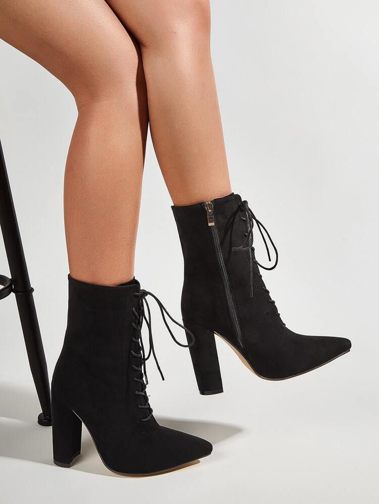 Point Toe Chunky Heeled Lace-up Boots | SHEIN