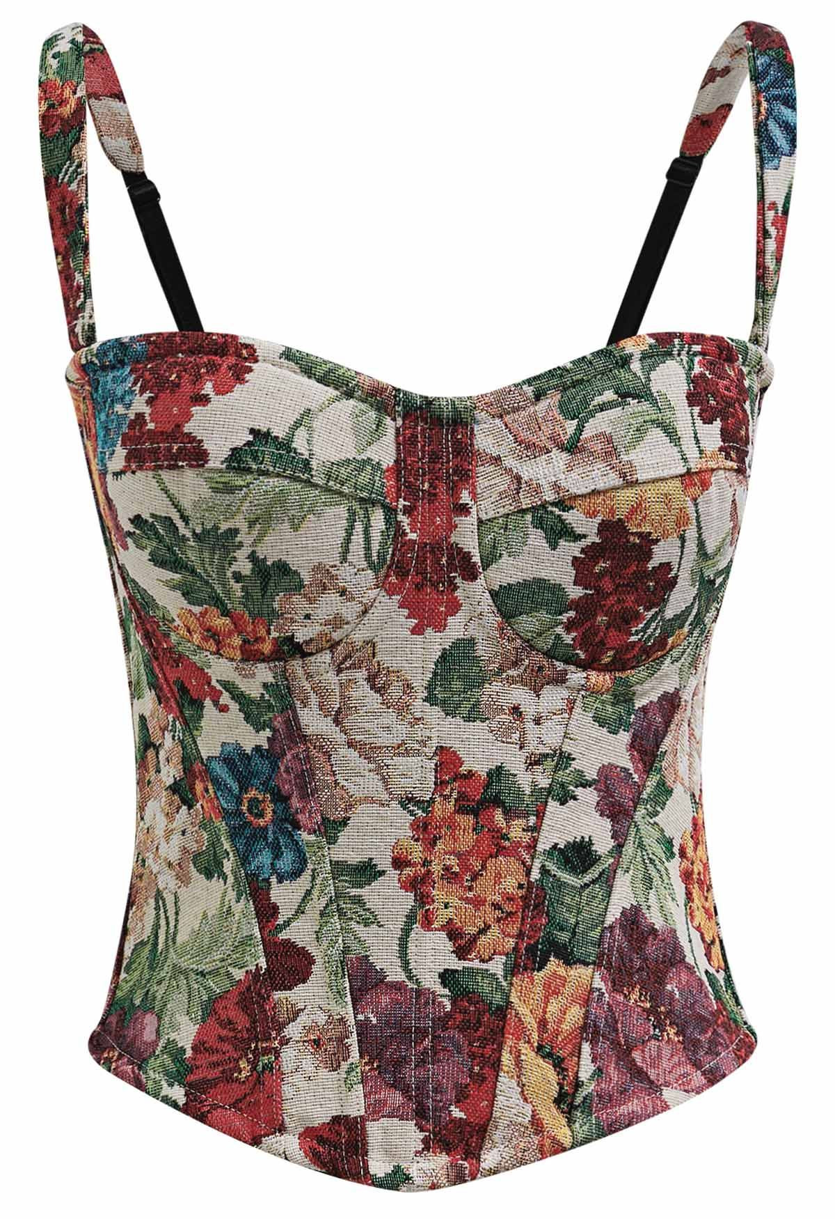 Vintage Flower Canvas Bustier Top in Burgundy | Chicwish