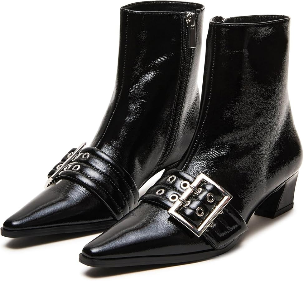 Amazon.com: Vaslemuse Women Booties Buckle Ankle Boots Kitten Low Heel Eyelet Booties Sexy Pointy... | Amazon (US)