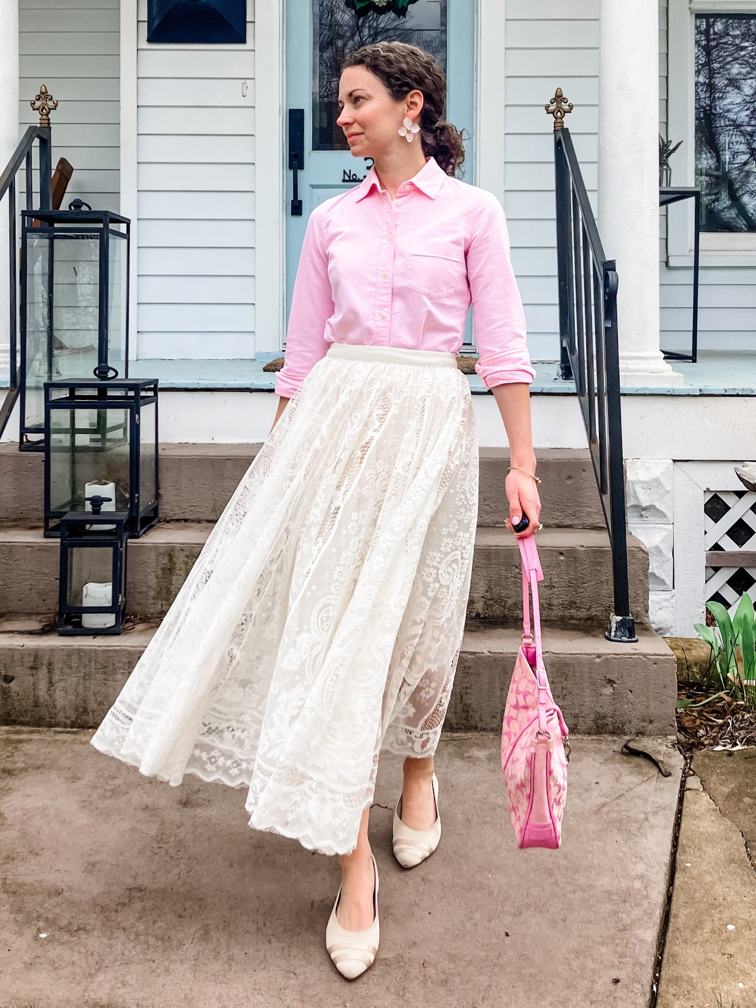 A pink and white lace skirt for church!
Pink button up from J.Crew Factory. 
Cream lace skirt from Amazon. 
Large floral earrings are old, linking similar. 
Nude pointed toe flats from Vivaia. 
Coach bag is vintage. 
Petite outfit. Modest outfit. Spring outfit. Feminine outfit. Classic outfit. Preppy outfit. Church outfit. 

#LTKootd #LTKOver40 #LTKdayinmylife