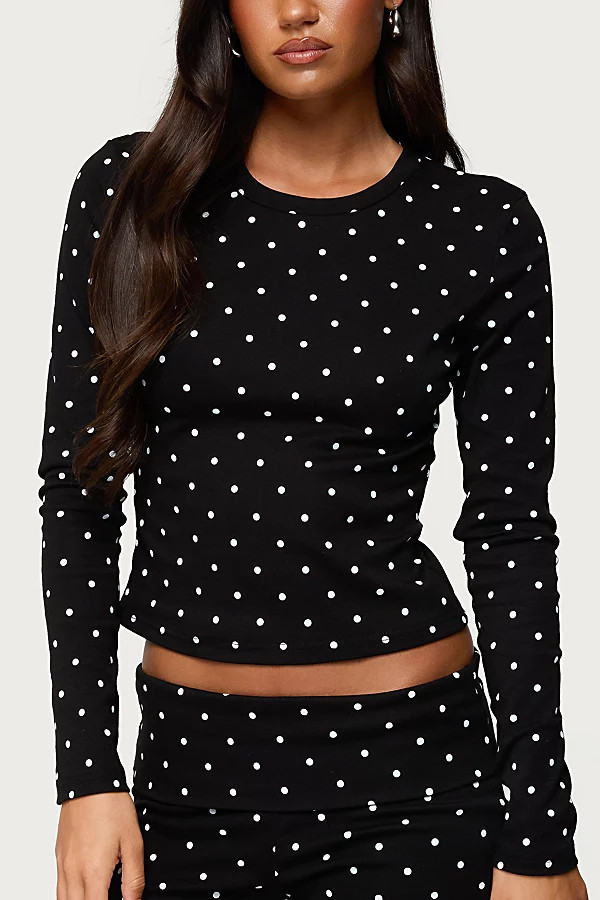 Edikted Daliya Polka Dot Long Sleeve Top in Black, Women's at Urban Outfitters | Urban Outfitters (US and RoW)