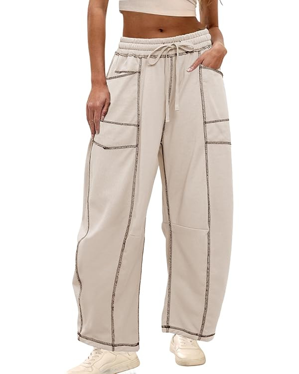 Athlisan Womens Baggy Barrel Pants Wide Leg Lounge Drawstring Sweatpants with Pockets | Amazon (US)