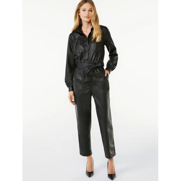 Scoop Women's Faux Leather Long Sleeve Jumpsuit - Walmart.com | Walmart (US)