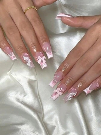 Trends24Pcs Long Square Press On Nails Butterfly French False Nails Charms And Rhinestones Black ... | SHEIN
